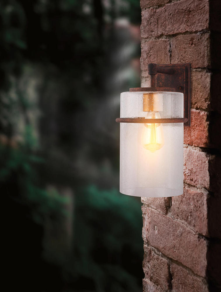 1 LT Outdoor Wall Light w/ Rust Color Finish w/ Gold accent & Clear Seeded Glass