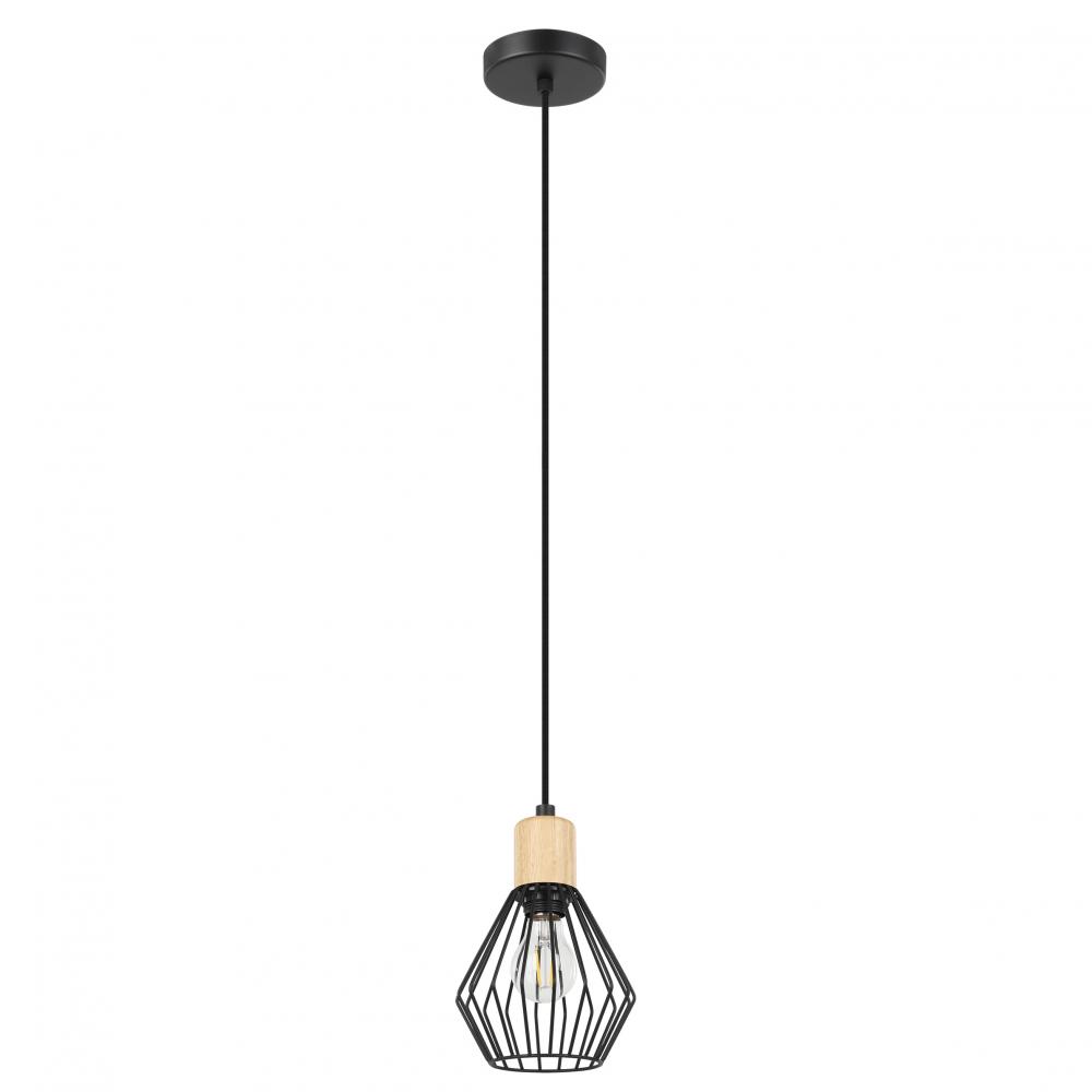 1 LT Open Frame Metal Pendant w/ Structured Black Finish & Wood Accent