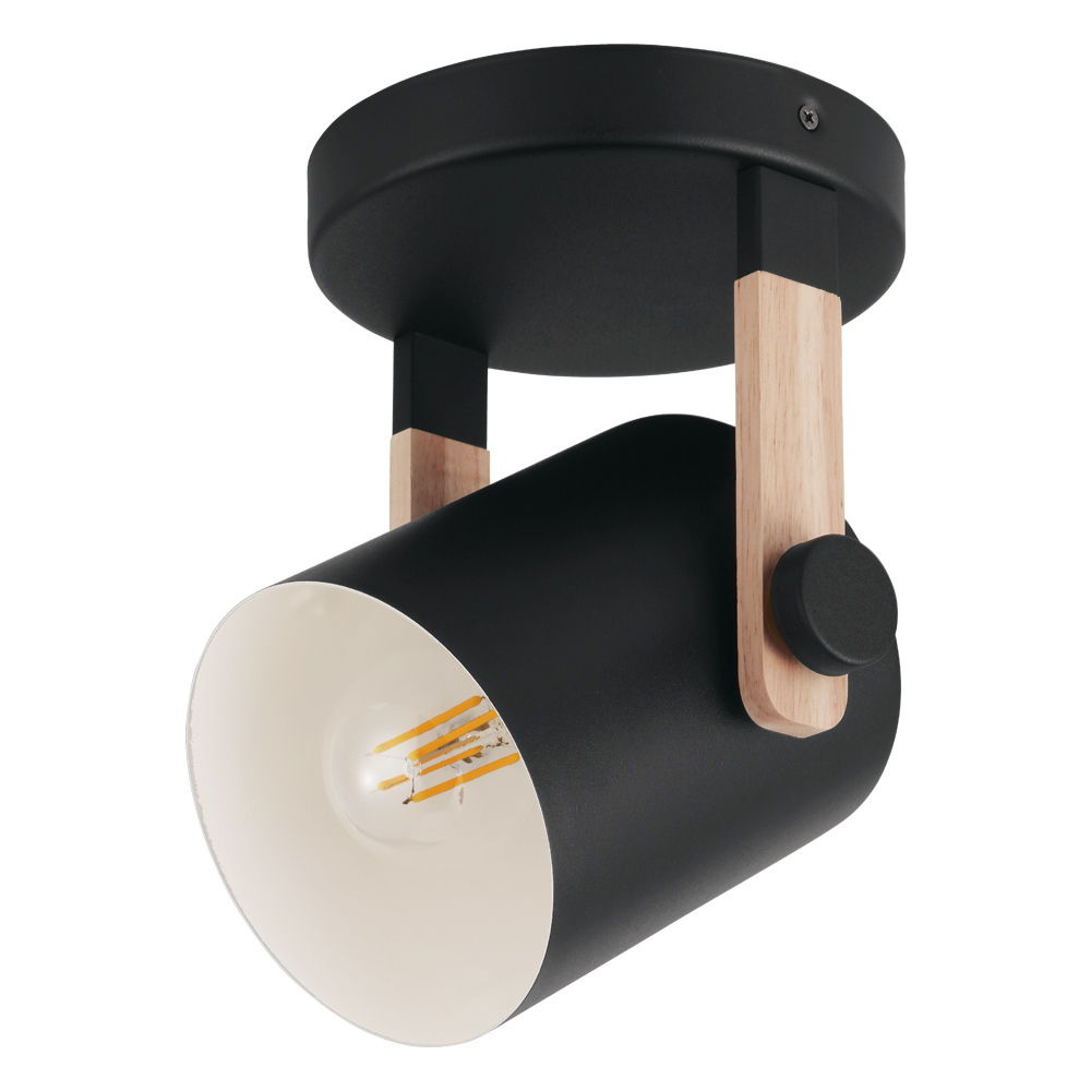 1 LT Ceiling Light w/ Black & Wood Finish & Black w/ White Interior Metal Shade
