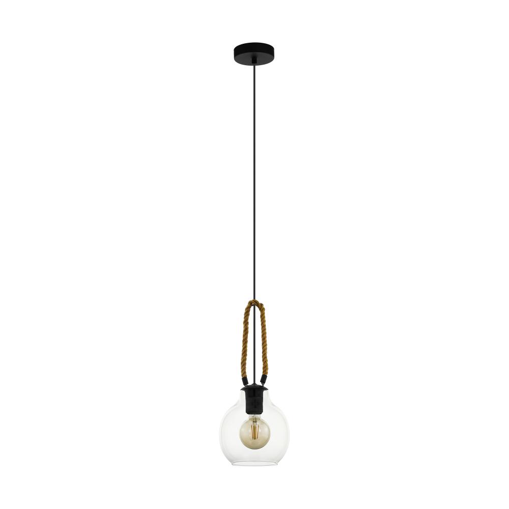 1 LT Pendant w/ a Black Finish , Brown Roping & Clear Glass Shade