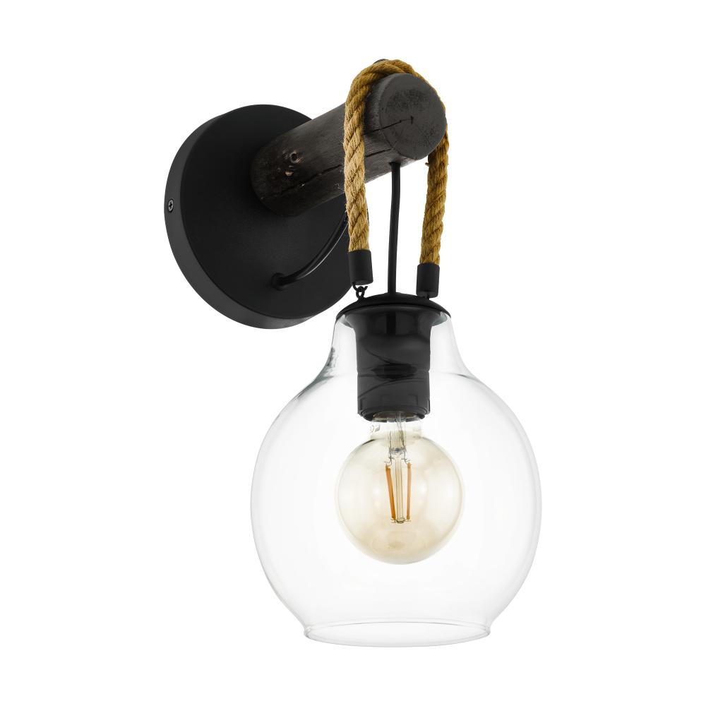 1 LT Wall Sconce w/ Black Finish, Brown Roping & Clear Glass Shade