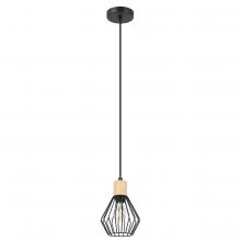 Eglo 205587A - 1 LT Open Frame Metal Pendant w/ Structured Black Finish & Wood Accent